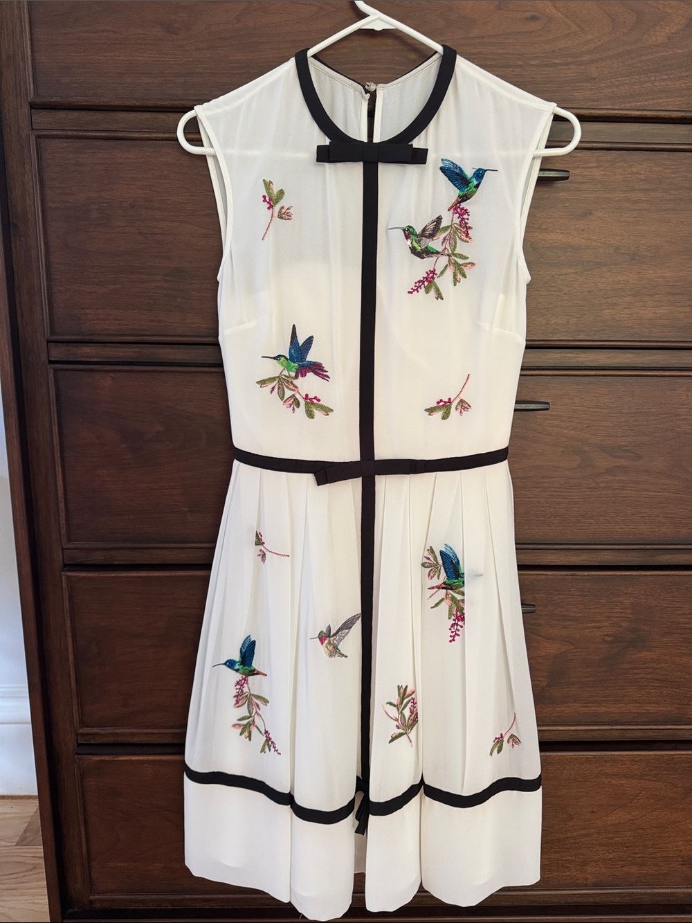 Ted Baker White Hummingbird Embroidered Dress with Black Trim, 0